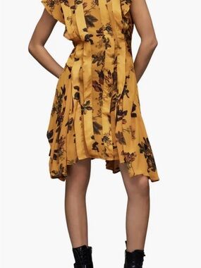 All Saints Fleur Lilly Mustard Yellow Floral Mini Dress